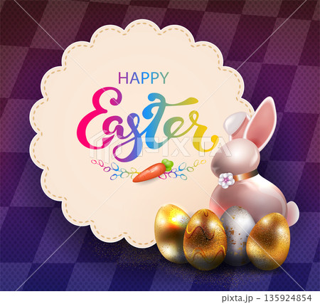 Happy Easter. Isolated design element with a porcelain bunny and a round frame Happy Easter. Isolated design element with a porcelain bunny and a round frame 135924854