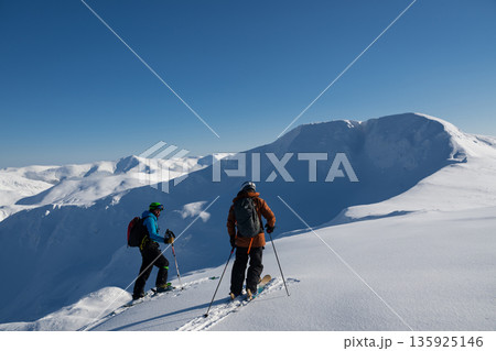 Two skiers traverse a snowy alpine ridge in clear blue sky during an off-piste adventure 135925146