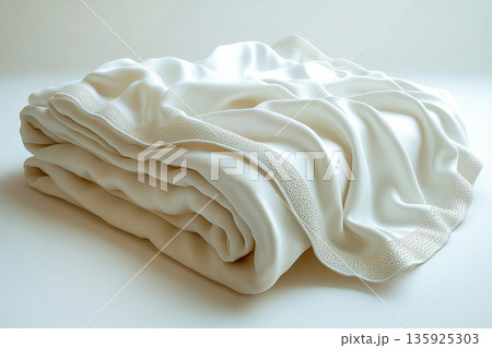 High-end materials. Cotton sheets on a white background. Stack of comfortable white sheets. High-end materials. Cotton sheets on a white background. Stack of comfortable white sheets. 135925303