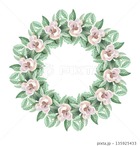 Wreath of a buds and leaves of white magnolia. Handmade watercolor illustration. For packaging design, cards, cover, wallpaper, prints, product labels and fabric. Wreath of a buds and leaves of white magnolia. Handmade watercolor illustration. For packaging design, cards, cover, wallpaper, prints, product labels and fabric. 135925433
