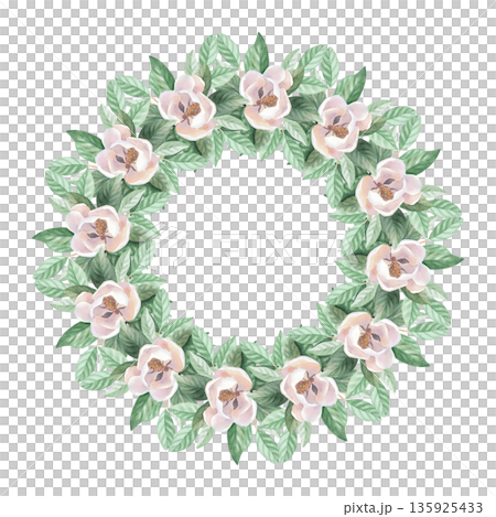 Wreath of a buds and leaves of white magnolia. Handmade watercolor illustration. For packaging design, cards, cover, wallpaper, prints, product labels and fabric. 135925433
