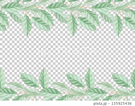 Horizontal frame of the leaves. Handmade watercolor illustration. For packaging design, cards, cover, wallpaper, prints, product labels and fabric. 135925436