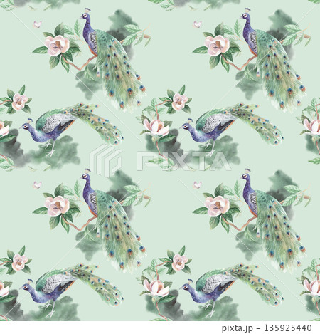 Seamless pattern of peacocks and magnolia on a light green background. Handmade watercolor illustration. For cards, cover, wallpaper, prints, product labels and fabric. Seamless pattern of peacocks and magnolia on a light green background. Handmade watercolor illustration. For cards, cover, wallpaper, prints, product labels and fabric. 135925440