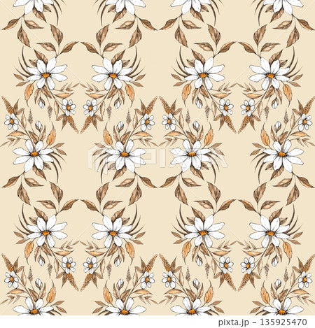 Watercolor daisy seamless pattern with ink leaves Watercolor daisy seamless pattern with ink leaves 135925470