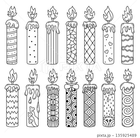 Black line candles with abstract geometric and psychedelic patterns. Various decorative candles with melted wax and flame. Outline sign vector set. Cozy candlelight atmosphere linear cliparts 135925489