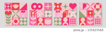 Geometric March Greeting Cards with Flowers Hearts and Abstract Shapes 135925568