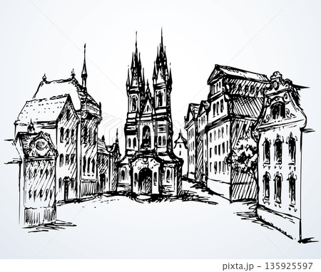 Old city street. Vector drawing Old city street. Vector drawing 135925597