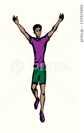 Vector drawing. An athlete runs to the finish line. Vector drawing. An athlete runs to the finish line. 135925602
