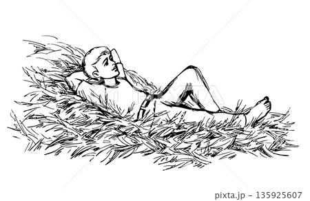 Vector drawing. A boy laying in a hay 135925607