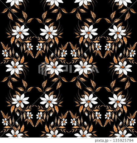 Watercolor daisy seamless pattern on black background 135925794