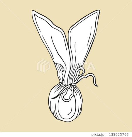 Hand-drawn illustration of Easter egg with a bow in graphic detailed sketch style on beige background 135925795