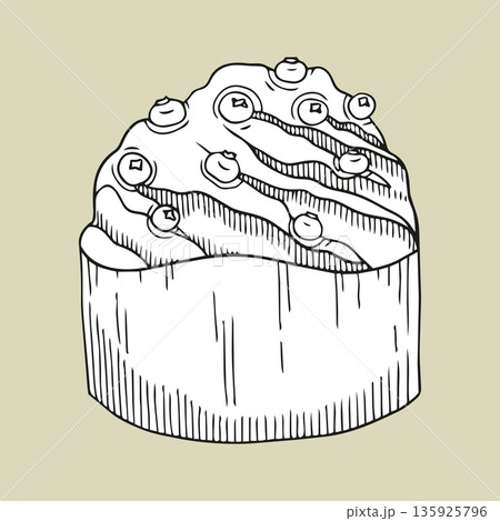 Hand-drawn illustration of Easter cake with berries in graphic detailed sketch style on olive background Hand-drawn illustration of Easter cake with berries in graphic detailed sketch style on olive background 135925796