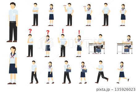 フラットイラスト:中学生セット(夏服) フラットイラスト:中学生セット(夏服) 135926023