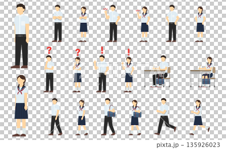 Flat illustration: Junior high school student set (summer uniform) Flat illustration: Junior high school student set (summer uniform) 135926023