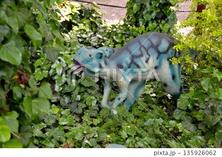 A dinosauris shown in a scene from the jurassic world. Dinosaur model in the park. Giant tyrannosaurus at an exhibition in the park 135926062
