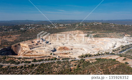 Open pit mining site showcasing heavy machinery and layered earth formations, representing the coal and cement industry in a vast landscape. Aerial 135926352