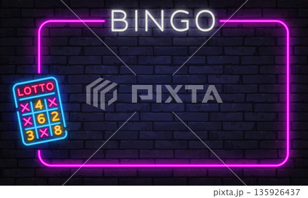 Neon bingo and lotto board illustration with vibrant lights on dark wall. Playful gambling concept suitable for games, ads, or entertainment graphics. Neon bingo and lotto board illustration with vibrant lights on dark wall. Playful gambling concept suitable for games, ads, or entertainment graphics. 135926437