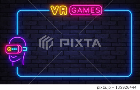 Neon vector banner with VR headset icon and bright glowing frame on dark brick wall. Futuristic gaming concept perfect for virtual entertainment, esports design, or digital event promotion. Neon vector banner with VR headset icon and bright glowing frame on dark brick wall. Futuristic gaming concept perfect for virtual entertainment, esports design, or digital event promotion. 135926444
