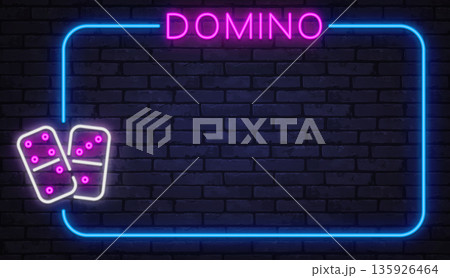 Neon domino tiles with soft glow inside a rectangular frame. Classic tabletop game style reimagined for modern digital art and banners. 135926464