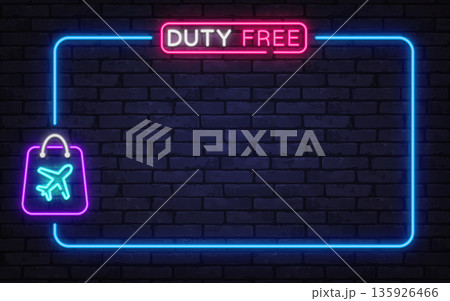 Neon Duty Free sign with travel shopping icon creates airport retail mood. Bright glow works for tourism ads and commercial promotions. 135926466
