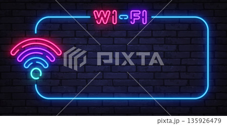 Neon Wi-Fi symbol with glowing frame shows connectivity and digital access. Modern light design fits cafes, hotels, and tech spaces. Neon Wi-Fi symbol with glowing frame shows connectivity and digital access. Modern light design fits cafes, hotels, and tech spaces. 135926479