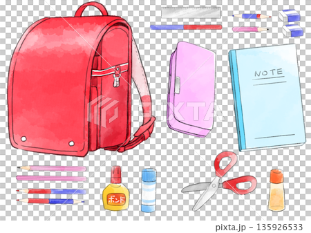 赤いランドセルと文房具セットのイラスト　手描き　水彩風 135926533