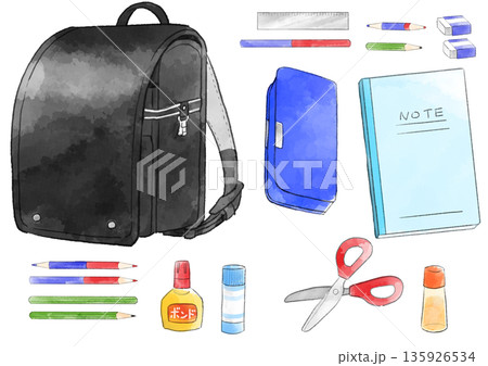 黒いランドセルと文房具セットのイラスト　手描き　水彩風 135926534