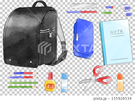 黒いランドセルと文房具セットのイラスト　手描き　水彩風 135926534