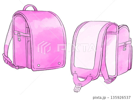 ピンクのランドセルのイラスト　手描き　水彩風 135926537