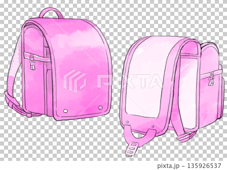 ピンクのランドセルのイラスト　手描き　水彩風 135926537