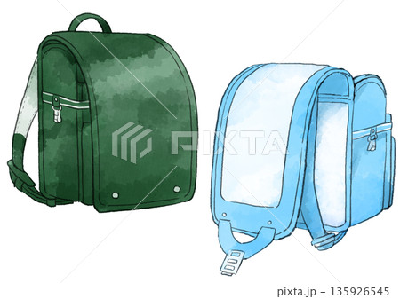 緑と水色のランドセルのイラスト　手描き　水彩風 135926545