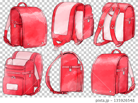 手繪水彩風格的紅色書包插圖 135926548
