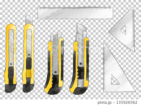 Cutter and ruler illustration, hand-drawn, watercolor style Cutter and ruler illustration, hand-drawn, watercolor style 135926562