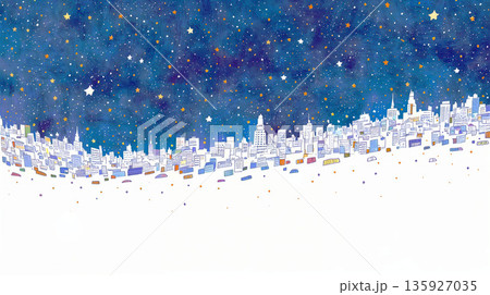 満天の星空と夜景の手書きイラスト 135927035