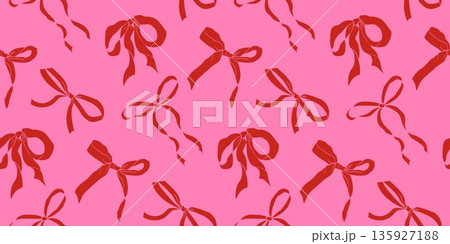 Seamless pattern of red ribbon bows on a pink background. Whimsical coquette style, feminine and playful. Ideal for Valentine’s Day, fashion prints, gift wrap, packaging and stationery. Seamless pattern of red ribbon bows on a pink background. Whimsical coquette style, feminine and playful. Ideal for Valentine’s Day, fashion prints, gift wrap, packaging and stationery. 135927188