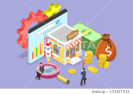 3D Isometric Flat Vector Illustration of Franchise Store, Small Business Expansion For Retail Or Services 135927532