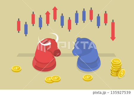 3D Isometric Flat Vector Illustration of Stock Market, Strategy In Bull And Bear Chess Pieces With Market Elements 3D Isometric Flat Vector Illustration of Stock Market, Strategy In Bull And Bear Chess Pieces With Market Elements 135927539