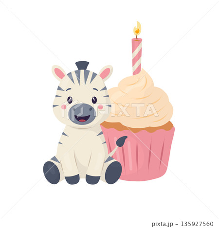 A cute baby zebra sits next to a pink birthday cupcake with a candle. This flat vector illustration features delicate pastel colors and soft shadows. Suitable for children's cards, invitations 135927560