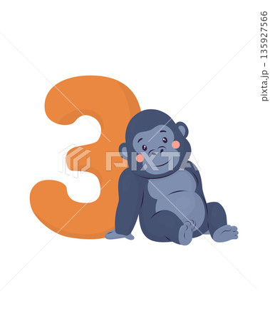 A cute baby gorilla sits next to a large number three. Flat vector illustration. This friendly animal character is perfect for first birthday party designs, early development visuals, nursery decor A cute baby gorilla sits next to a large number three. Flat vector illustration. This friendly animal character is perfect for first birthday party designs, early development visuals, nursery decor 135927566