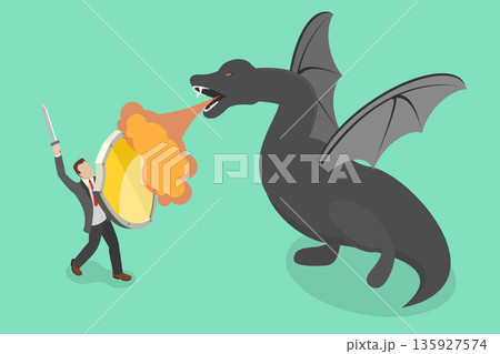 3D Isometric Flat Vector Illustration of Courage, A Businessman Battling A Dragon 3D Isometric Flat Vector Illustration of Courage, A Businessman Battling A Dragon 135927574