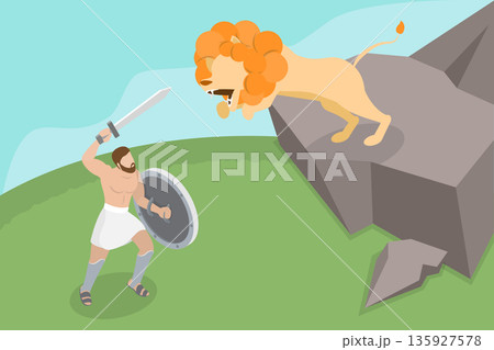 3D Isometric Flat Vector Illustration of Nemean Lion, Heracles Battles, First Of Twelve Labours 135927578