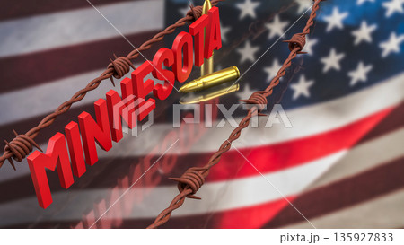 Minnesota State Name with Barbed Wire and Bullet Concept 3d render. 135927833