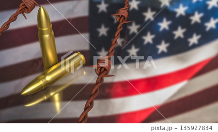 Golden Bullets and Barbed Wire Over United States Flag Concept 3d render. 135927834