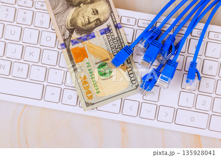 American 100 dollar bill on keyboard among Ethernet cables, linking finance digital technology. American 100 dollar bill on keyboard among Ethernet cables, linking finance digital technology. 135928041