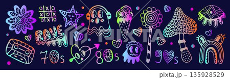 Neon psychedelic doodle hand drawn vector set. Ultra acid holographic glow isolated symbols. Mushroom, eye, hearts, ghosts, whimsical characters. Hologram gradient groovy retro cliparts Neon psychedelic doodle hand drawn vector set. Ultra acid holographic glow isolated symbols. Mushroom, eye, hearts, ghosts, whimsical characters. Hologram gradient groovy retro cliparts 135928529
