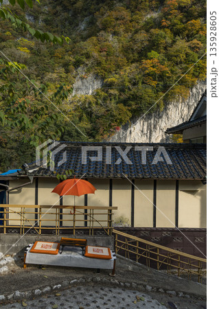 日本 岡山県新見市井倉にある井倉峡の町並みと紅葉 日本 岡山県新見市井倉にある井倉峡の町並みと紅葉 135928605