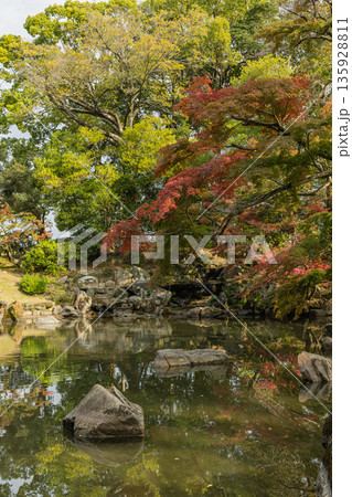 日本　岡山県岡山市北区後楽園の日本庭園内にある花葉の池と紅葉 135928811