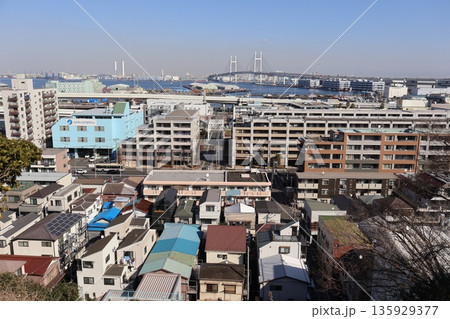 横浜港とベイブリッジと新山下が一望できる港の見える丘公園の展望台 横浜港とベイブリッジと新山下が一望できる港の見える丘公園の展望台 135929377