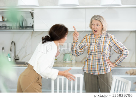 Angry old and middle-aged women quarreling aggressively to each other in the kitchen 135929796