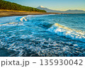 三保の松原に打ち寄せる波と遠望の富士山 135930042